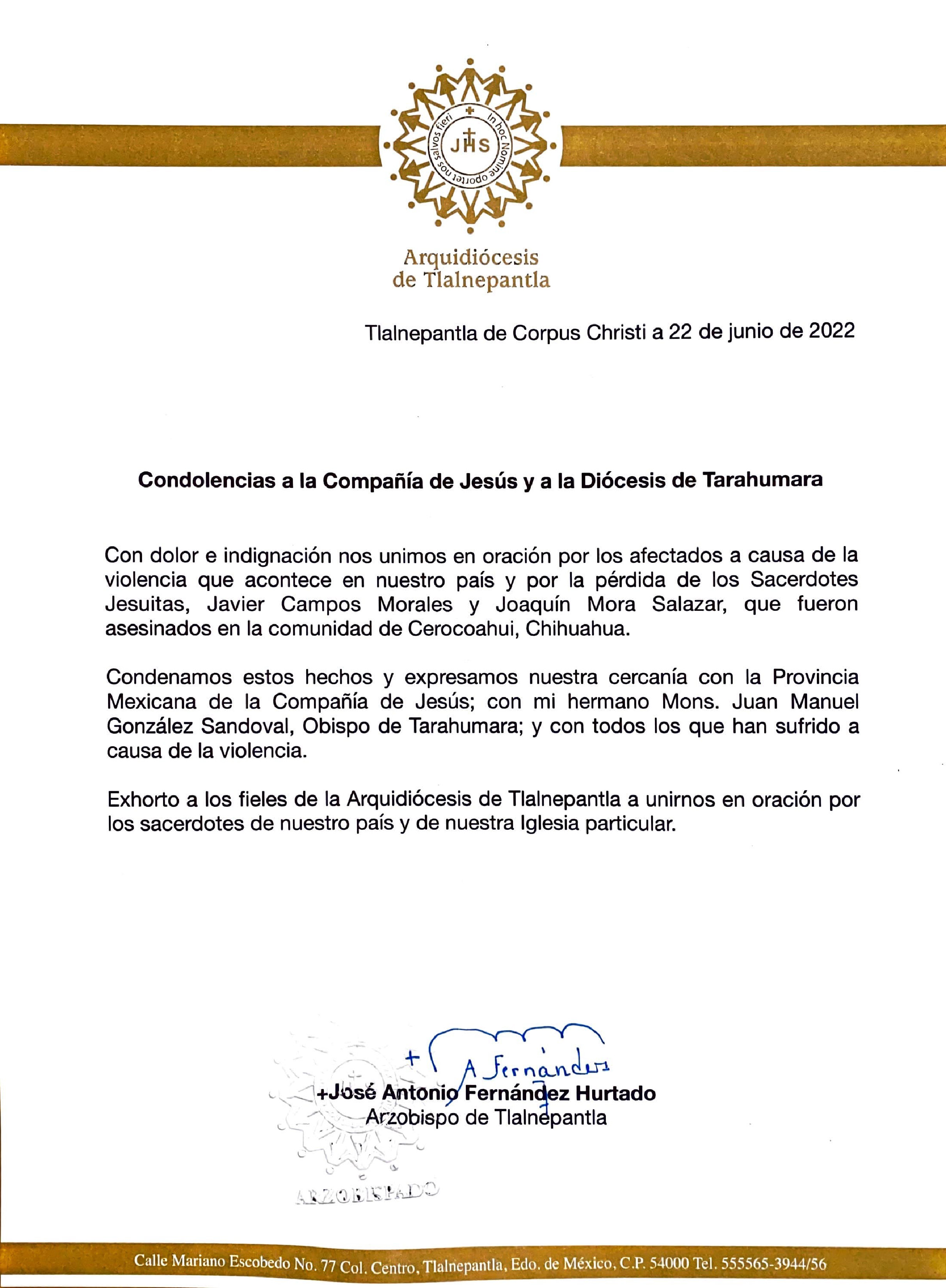 Condolencias a la Compañía de Jesús y a la Diócesis de Tarahumara