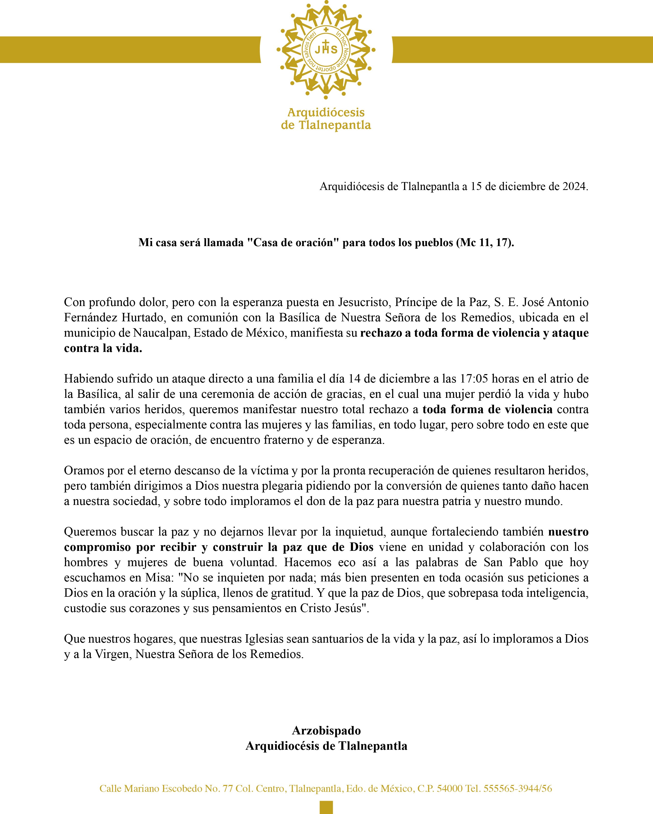 COMUNICADO | Mi casa será llamada "Casa de oración" para todos los pueblos (Mc 11, 17).