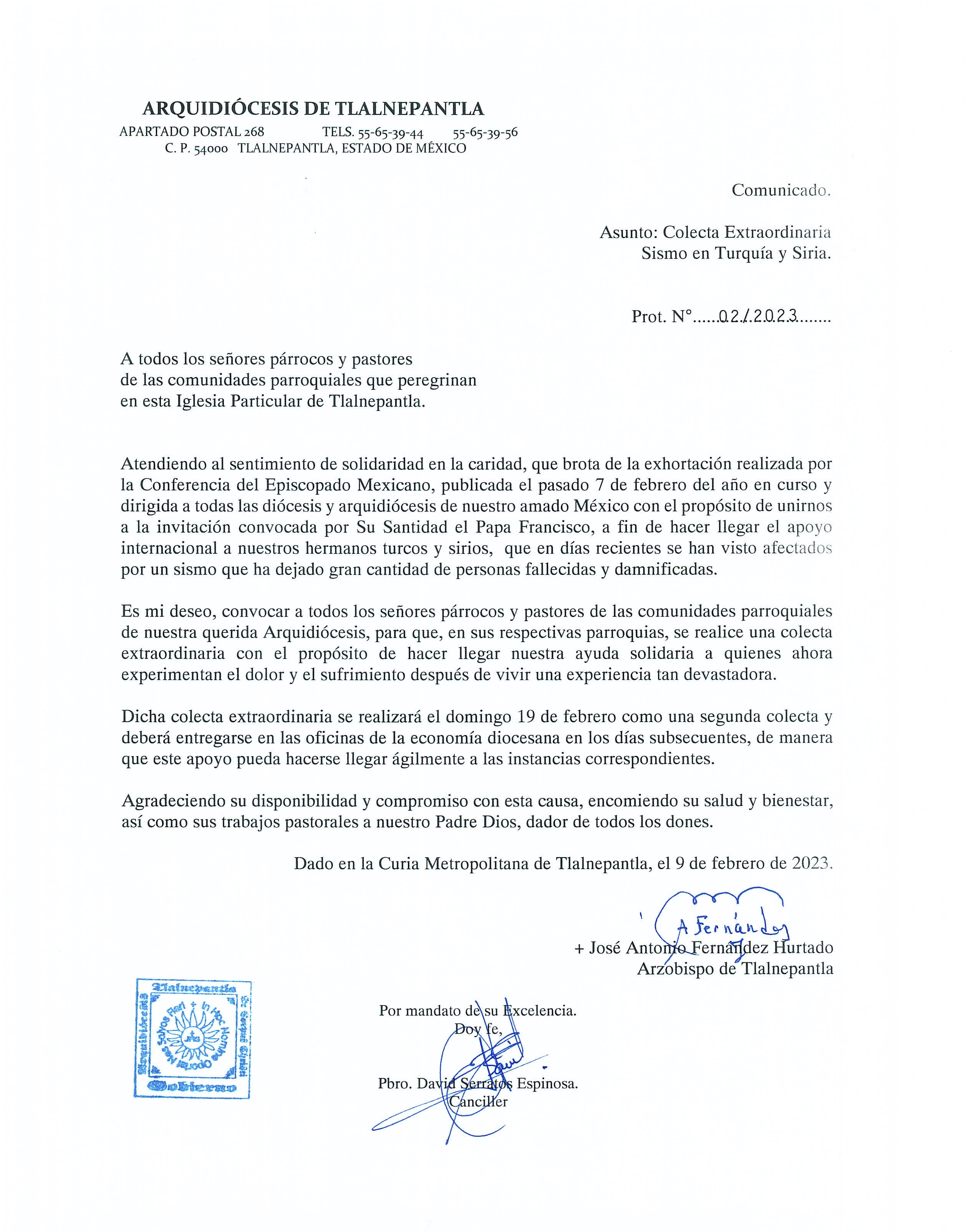 Comunicado sobre Colecta solidaria para Turquía y Siria 